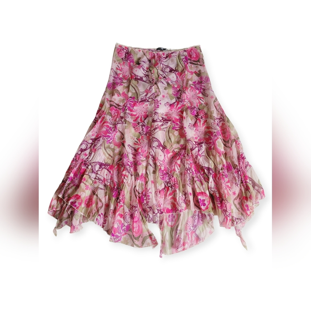 Made In Italy Sheer Floral Hankie Hem Midi Skirt Fairycore Whimsy Pink Medium